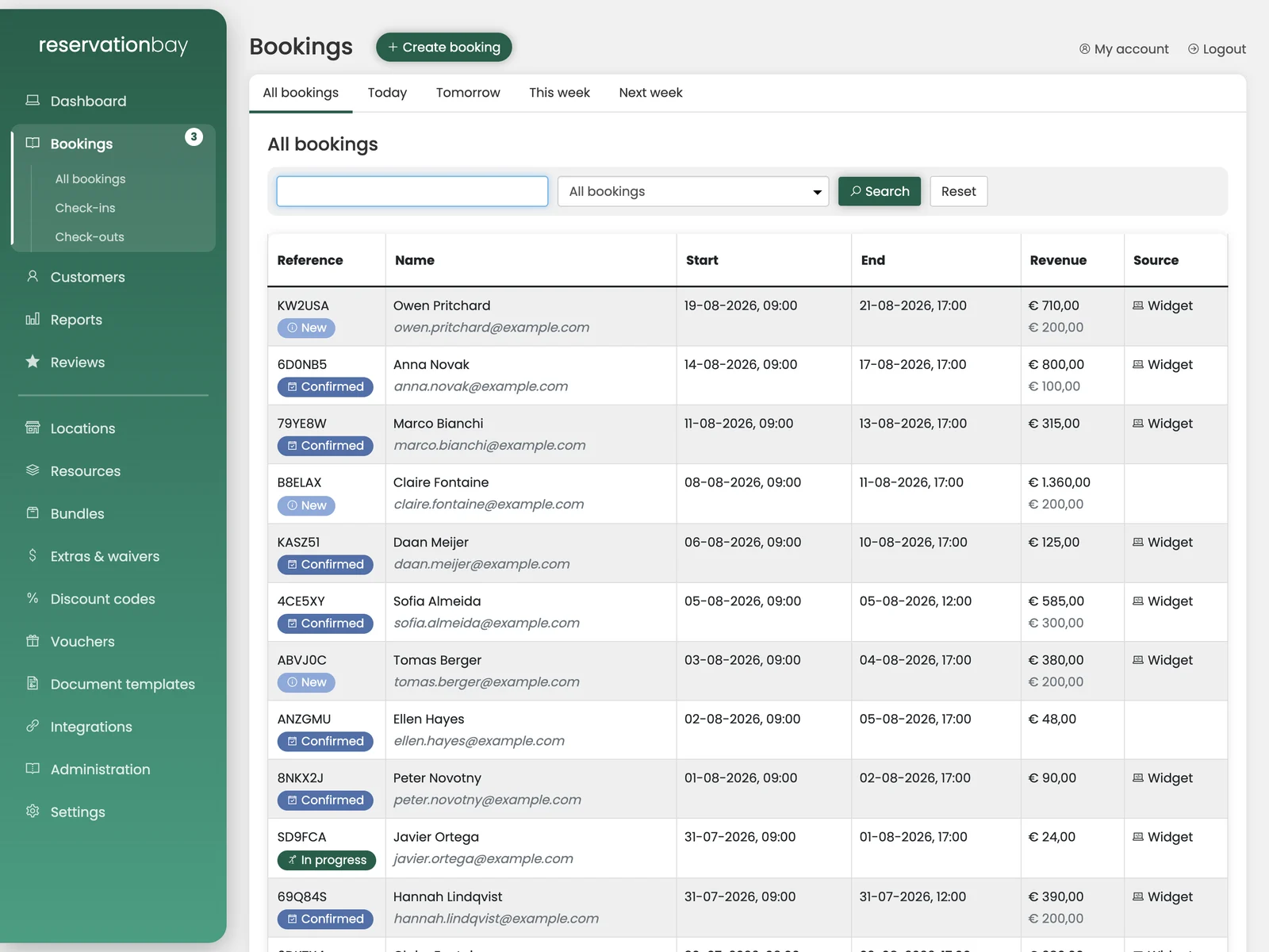 The reservationbay bookings list, showing each rental with its reference and status.