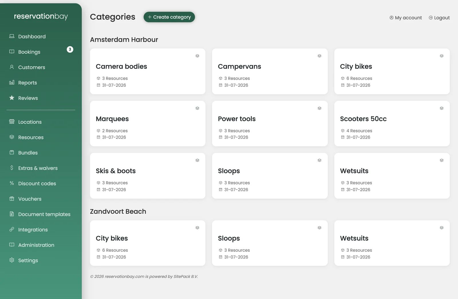 The category list of a demo account, with a category per branch across two locations.