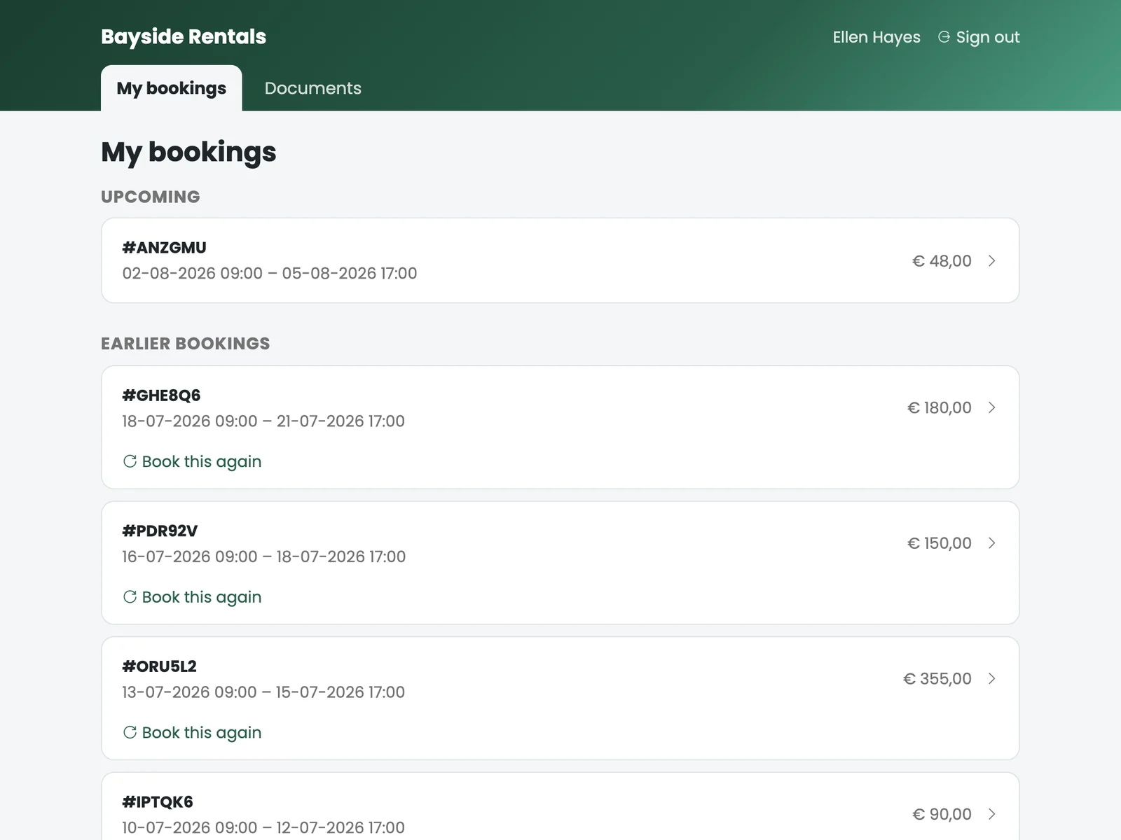 The customer portal of a demo rental company, showing a renter’s upcoming and past bookings.