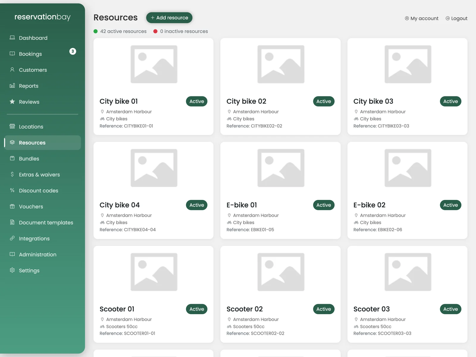 The object list of a demo account, showing each bike, scooter and wetsuit with its own reference.